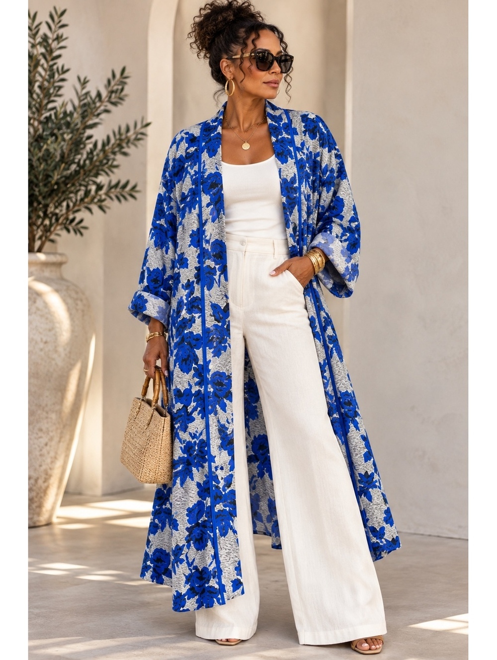 Gabrielle Union Cobalt Blue Floral Duster Boho Dopamine Kimono Size L/XL